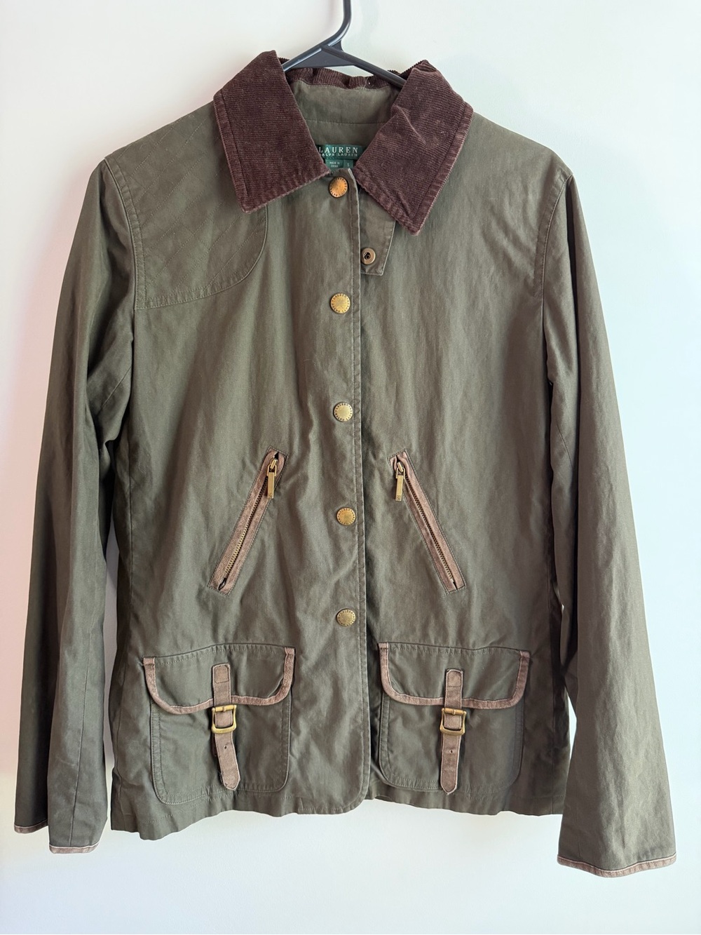 Vintage Ralph Lauren Olive Utility Jacket with Brown Corduroy Collar